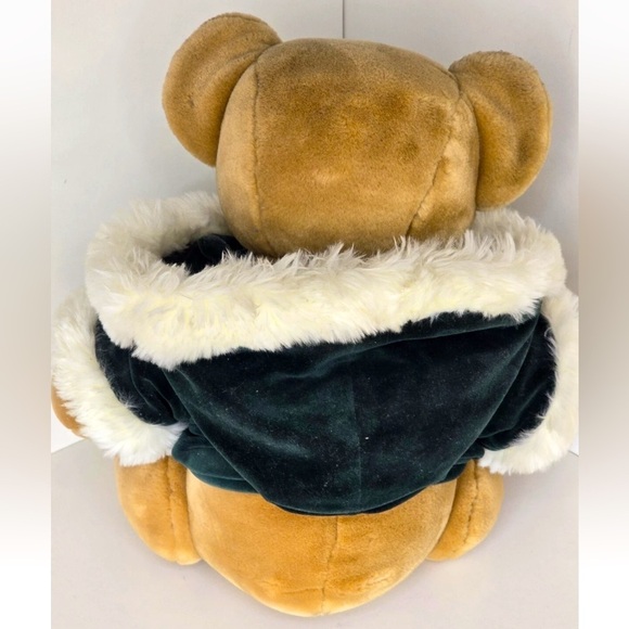 HARRODS Vintage 2001 Holiday Teddy Bear Green Velvet Jacket & Fuzzy White Trim - Picture 4 of 9
